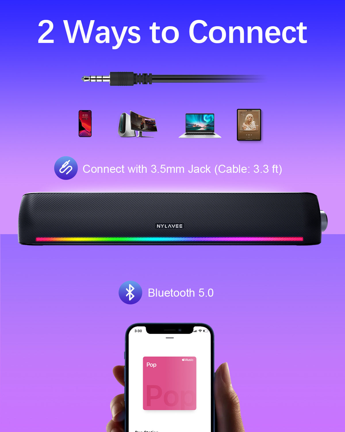 SK100LI Computer Soundbar - USB Powered/BT&3.5mm/RGB
