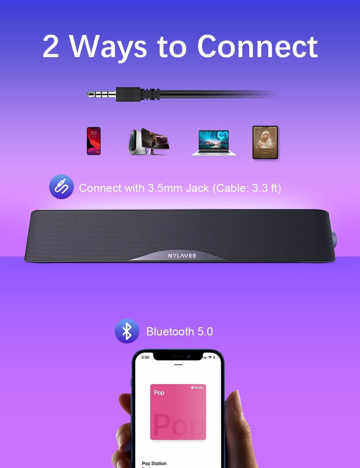 SK100 Computer Soundbar - USB Powered/BT/3.5mm/Microphone