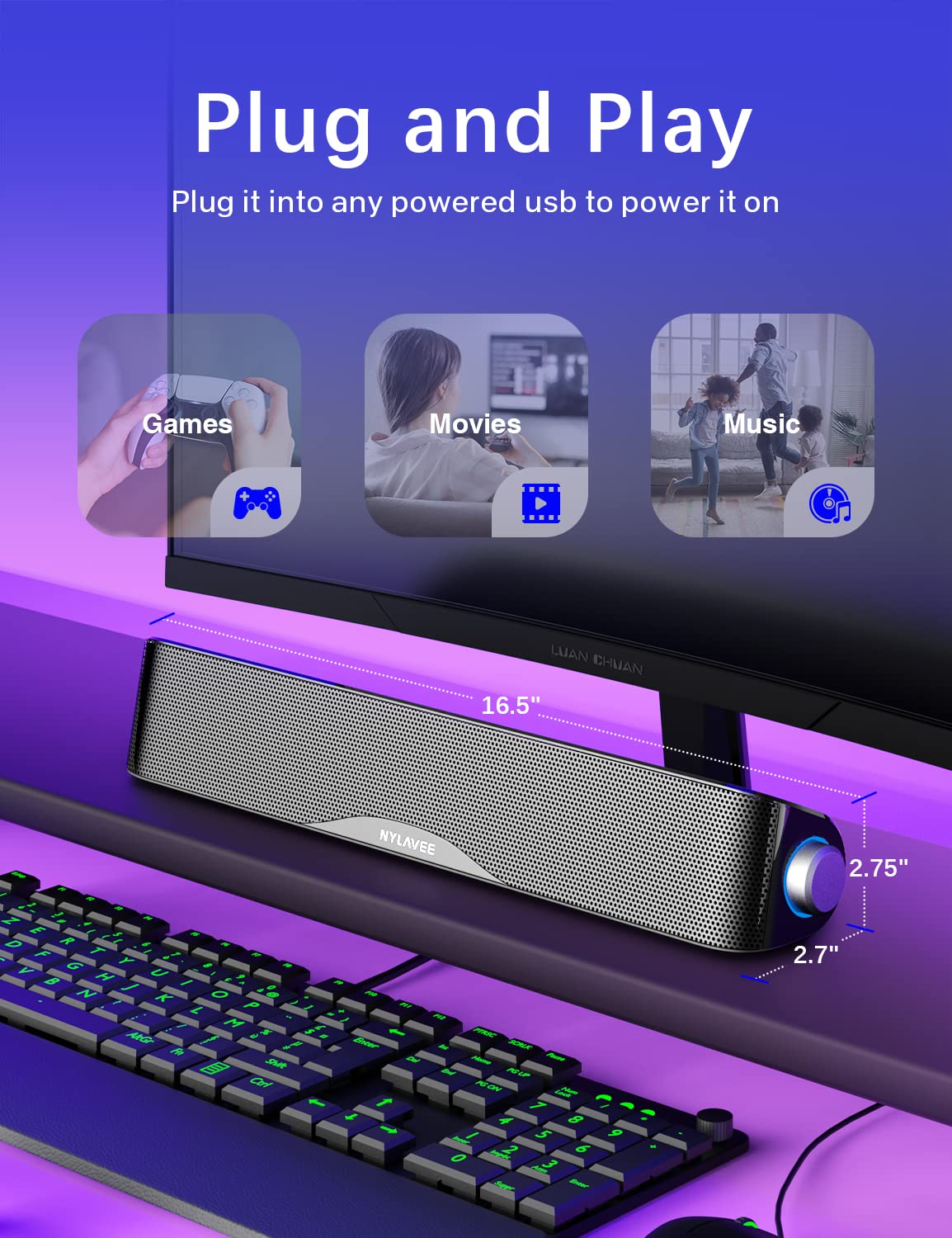 SK100 Computer Soundbar - USB Powered/BT/3.5mm/Microphone