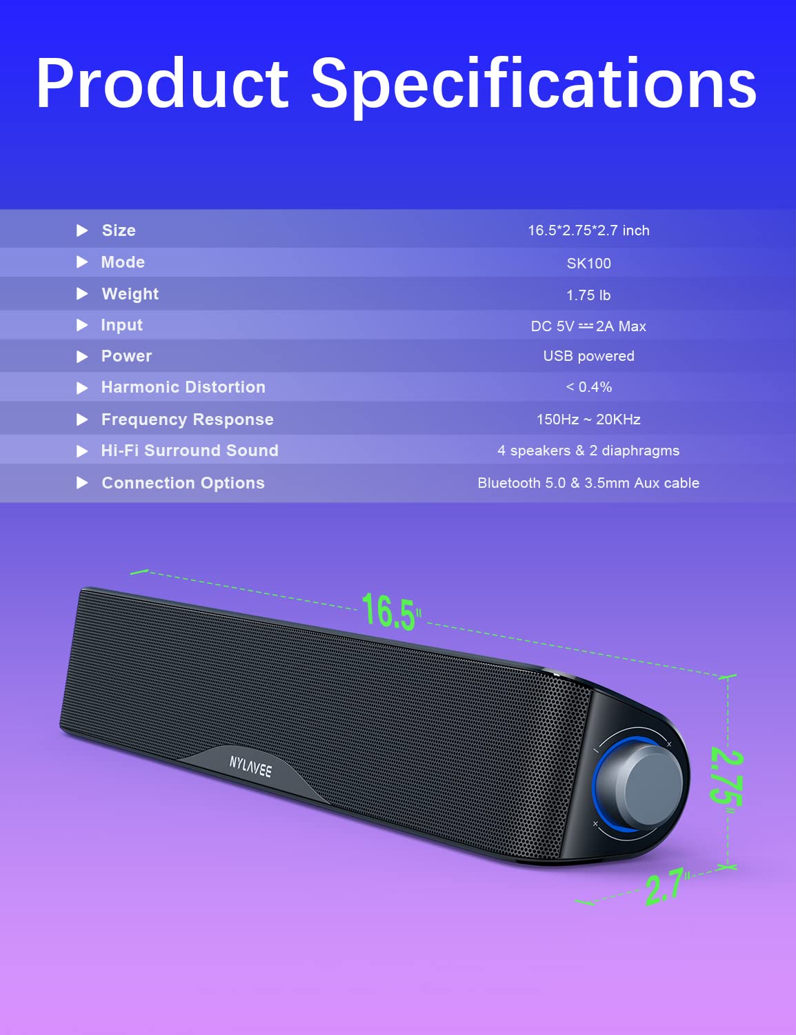 SK100 Computer Soundbar - USB Powered/BT/3.5mm/Microphone