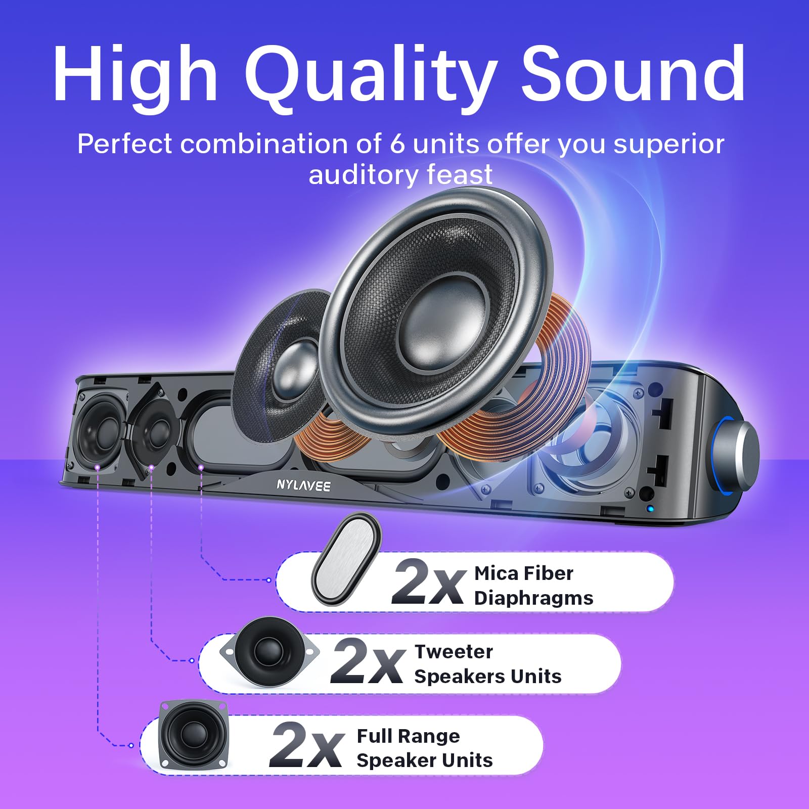 SK100PRO Computer Soundbar - AC Adapter Powered/BT/3.5mm/Subwoofer