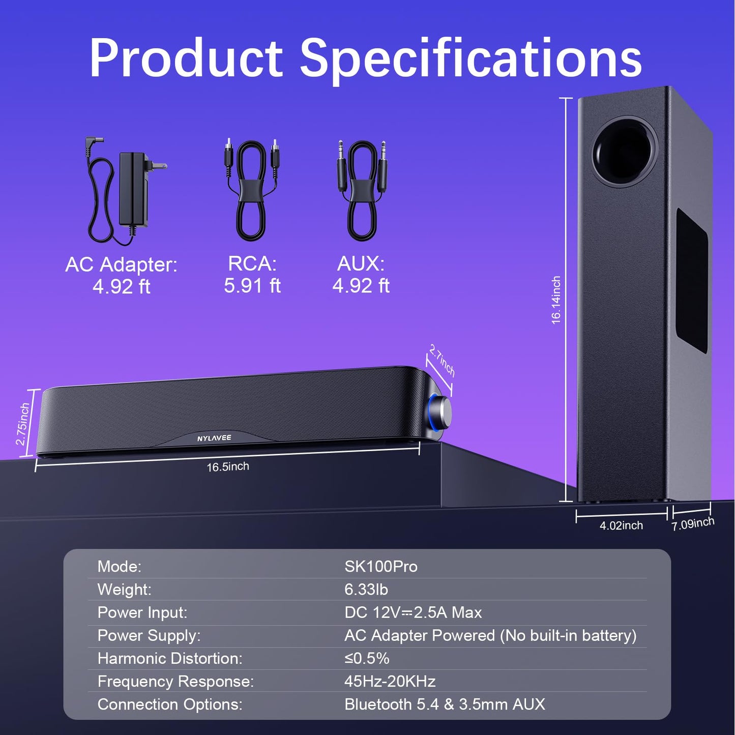SK100PRO Computer Soundbar - AC Adapter Powered/BT/3.5mm/Subwoofer