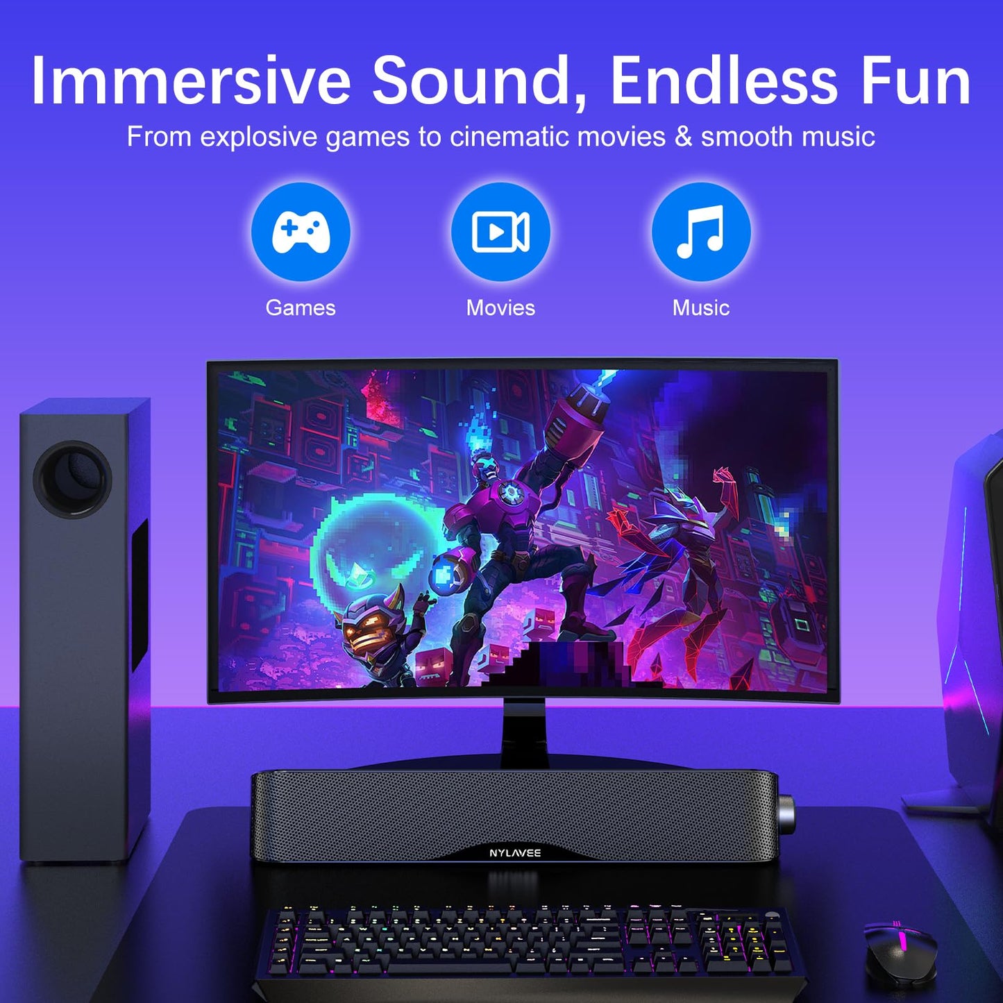 SK100PRO Computer Soundbar - AC Adapter Powered/BT/3.5mm/Subwoofer