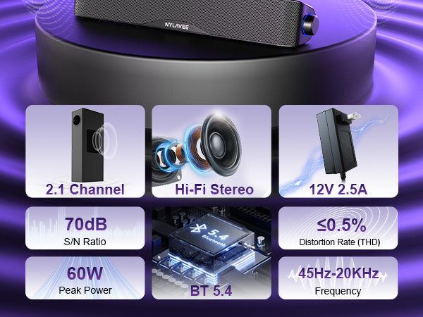 SK100PRO Computer Soundbar - AC Adapter Powered/BT/3.5mm/Subwoofer